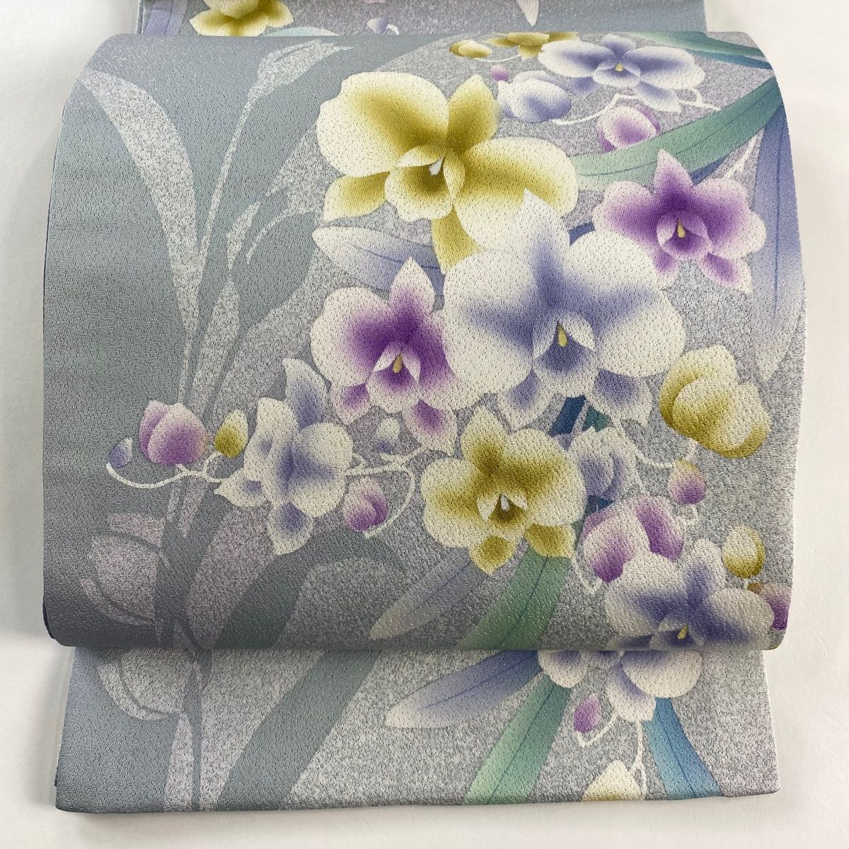 袋帯 蘭 シルエット 銀通し 青灰色 お太鼓柄 正絹