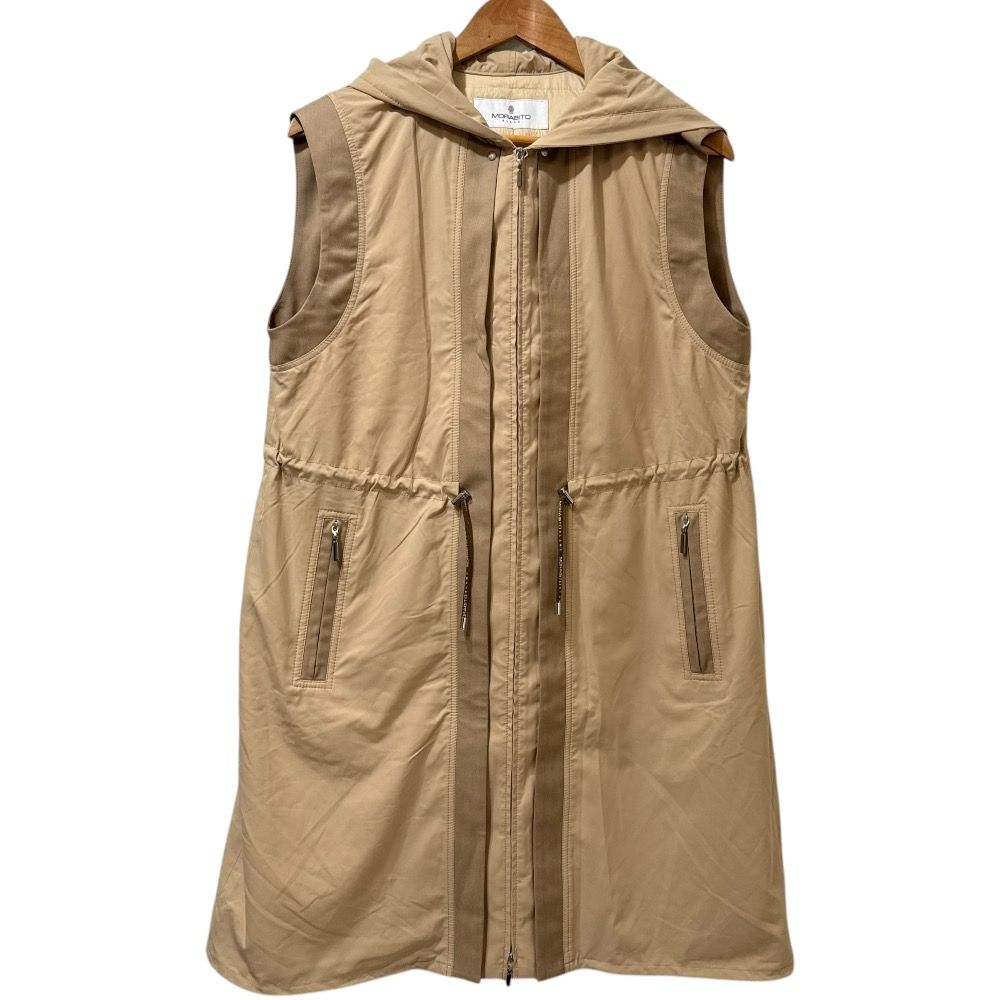 美品 MORABITO モラビト 中綿 ノースリーブ フーデッドコート ベスト 38 ベージュ レディース 古着 中古 美品 MORABITO モラビト 中綿 ノースリーブ フーデッドコート
