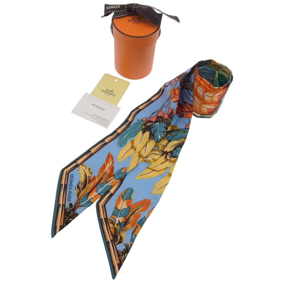 本物保証 超 エルメス HERMES ツイリー スカーフ シルク ブルー オレンジ ブラジル 羽
