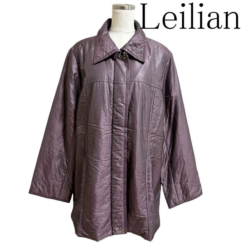 Leilian レリアン レディース ステンカラーコート ジャケット ナイロンジャケット レザートリミング 紫 パープル しわ加工 13号 LL 大きいサイズ 秋コート
