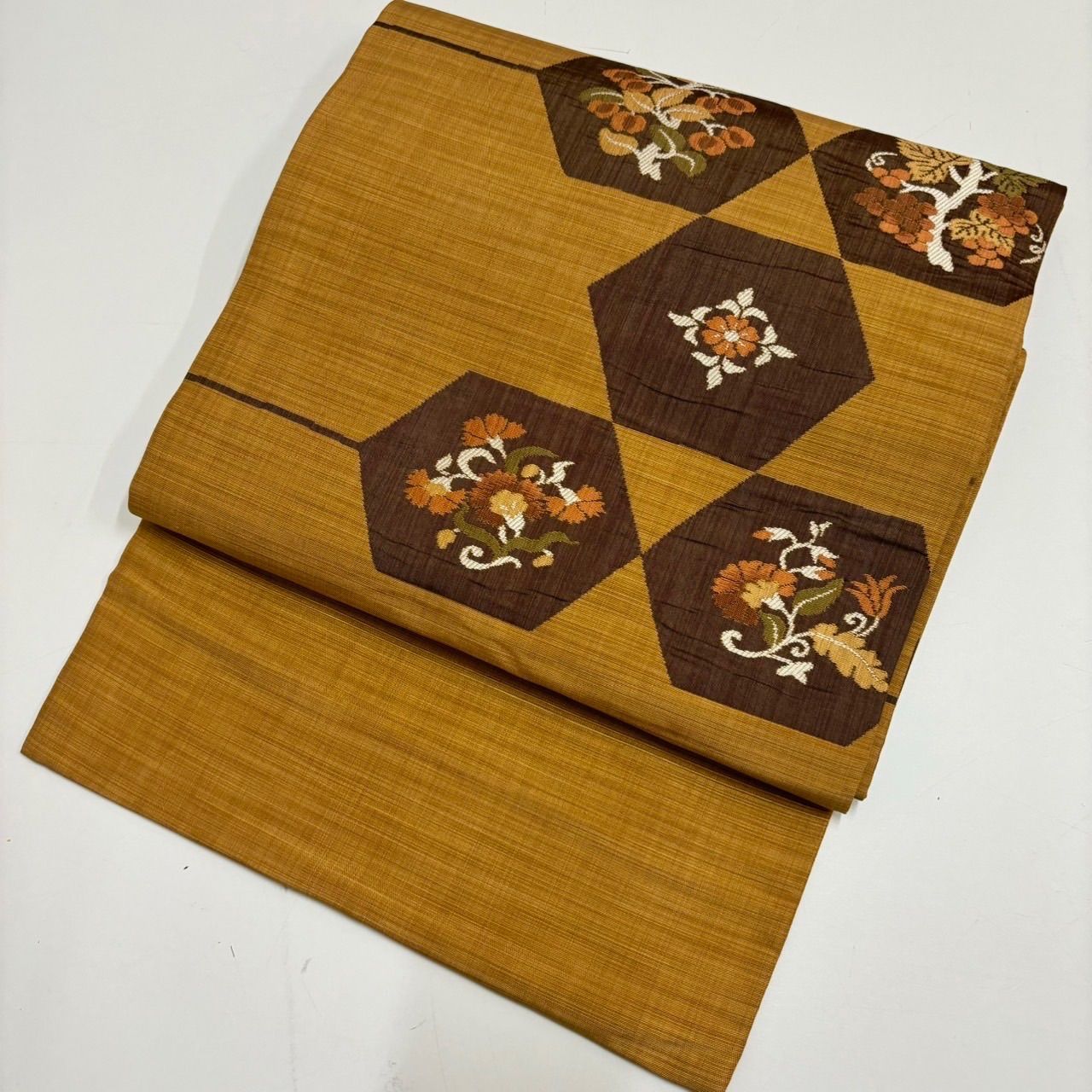 名古屋帯 紬 織柄 花唐草 素敵なデザイン 九寸 正絹 MO-292