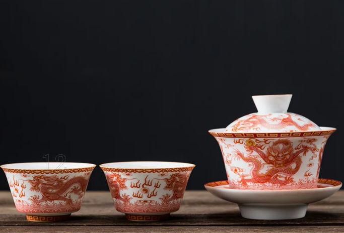 竜三才蓋碗 陶磁 茶器 茶碗 茶道具 香道具 装飾品 現代工芸品 未使用品 祥竜三才蓋碗 茶器 景徳鎮 白磁陶磁 茶碗 湯呑 煎茶