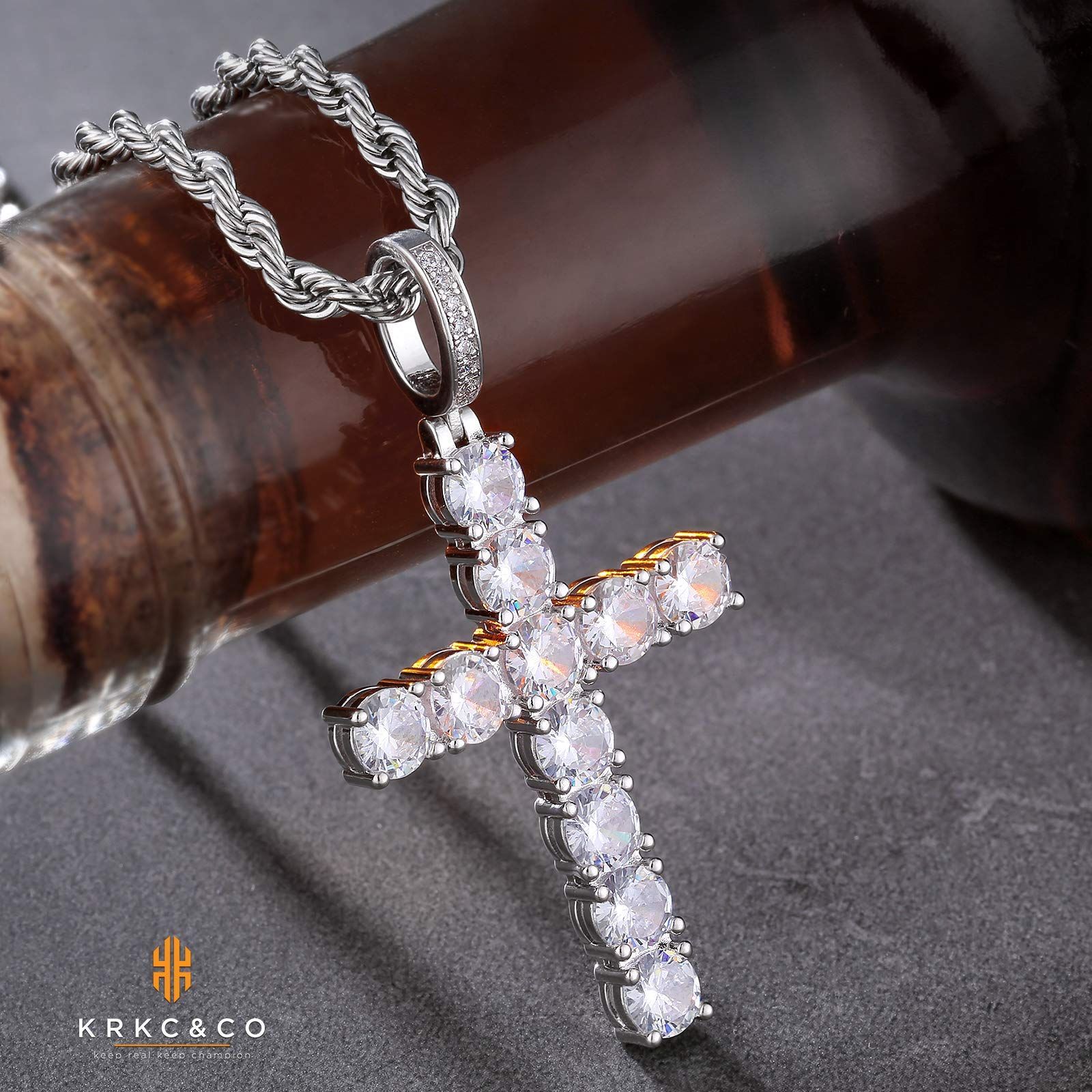 ヒップホップ チェーンネックレス キラキラ CZダイヤ 人気 2点セット K14金メッキ チェーン付 ジルコニア モアサナイト ペンダントップ プレゼント 十字架 メンズ クロスネックレス KRKC-CO