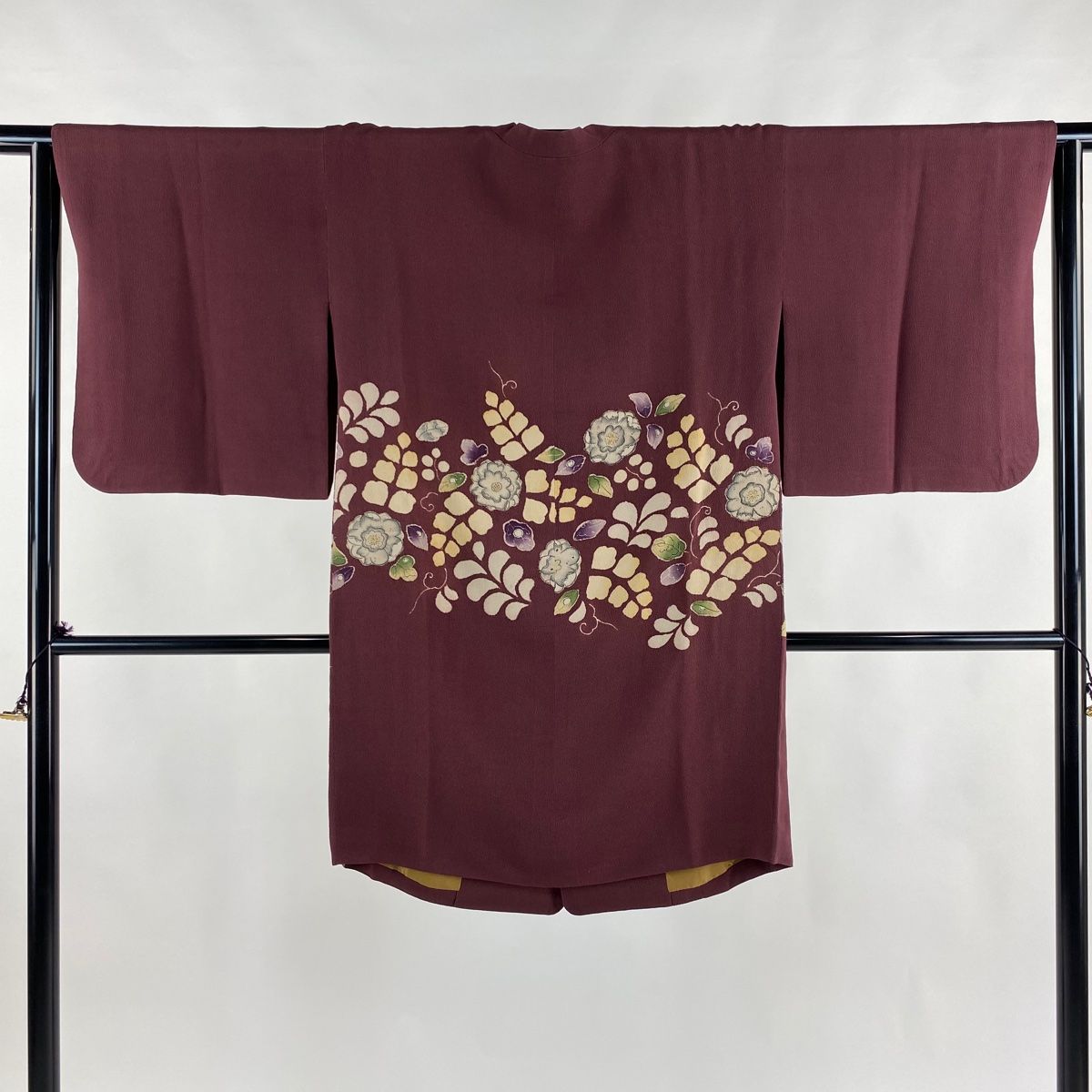 道中着 身丈100cm 裄丈64cm M 三本賢 和装コート 落款 草花 縮緬 赤紫 正絹