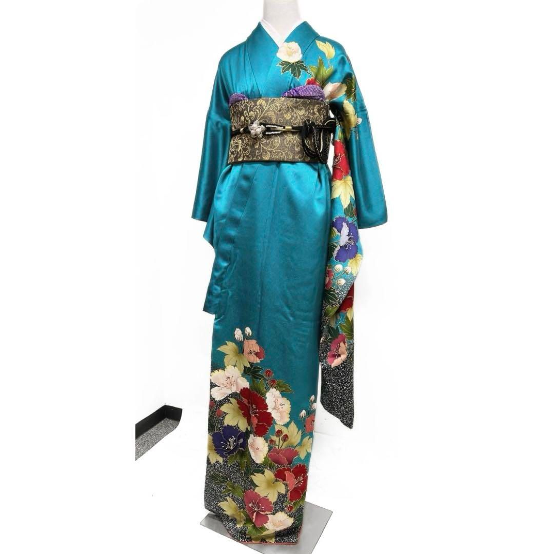 暖色振袖　金彩　芙蓉　ナイルブルー　金通し　成人式　晴れの日　着物　053a d 暖色振袖 金彩 芙蓉 ナイルブルー 金通し 成人式 晴れの日 着物