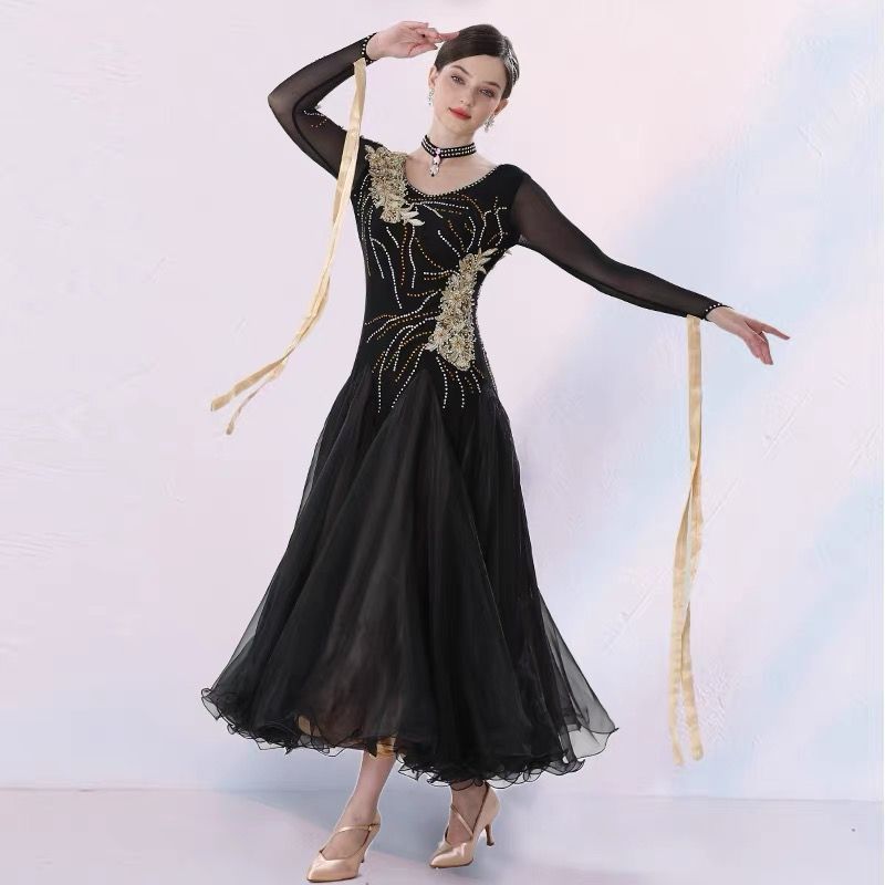 ♥ 社交ダンスドレス モダンダンス 刺繍 キラキラ シャンパン オーダーメイド 競技ダンスドレスブ ラック＋ゴールド WWW_OLIVIERBERNSTEIN_COM