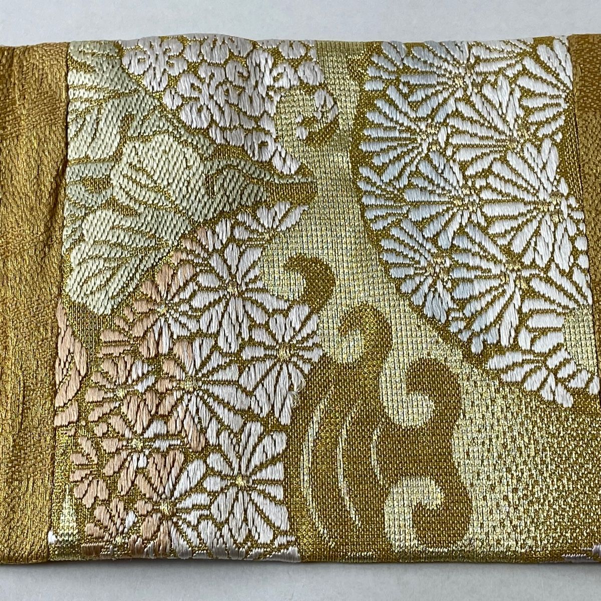 アンティーク 名古屋帯 刺繍 金糸 夫婦鶴文様 正絹 名古屋仕立 YR662 名古屋帯 名品 鳥 華文 相良刺繍 金糸 薄茶色 正絹 【中古