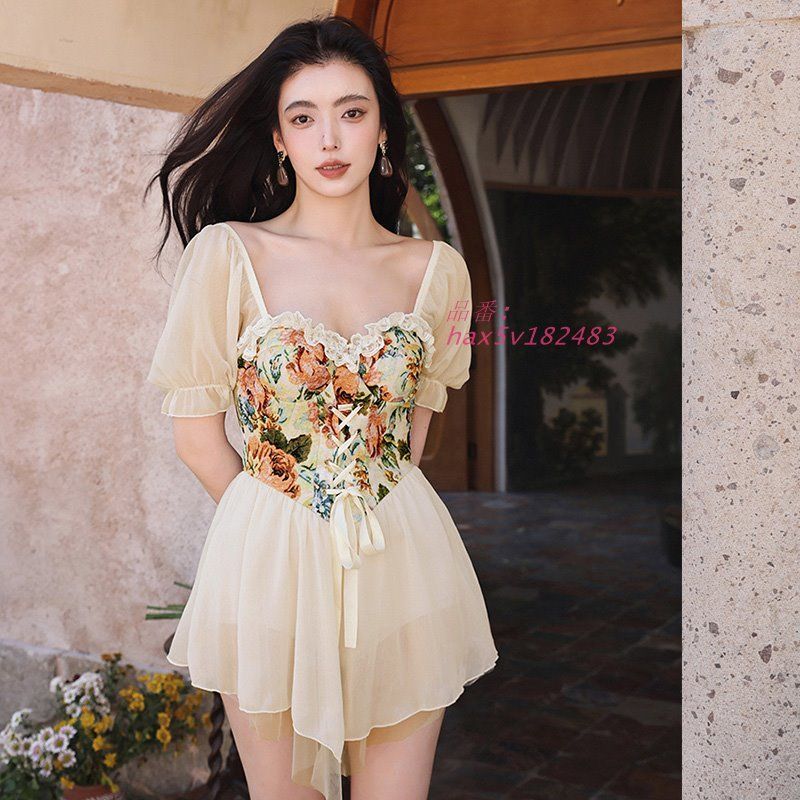 水着 レディース 体型カバー 20代 30代 40代 リゾート フリル リボン プール パフスリーブ 露出控えめ スリーブ シアー 花 ワンピース水着 海 スカート hax5v182483