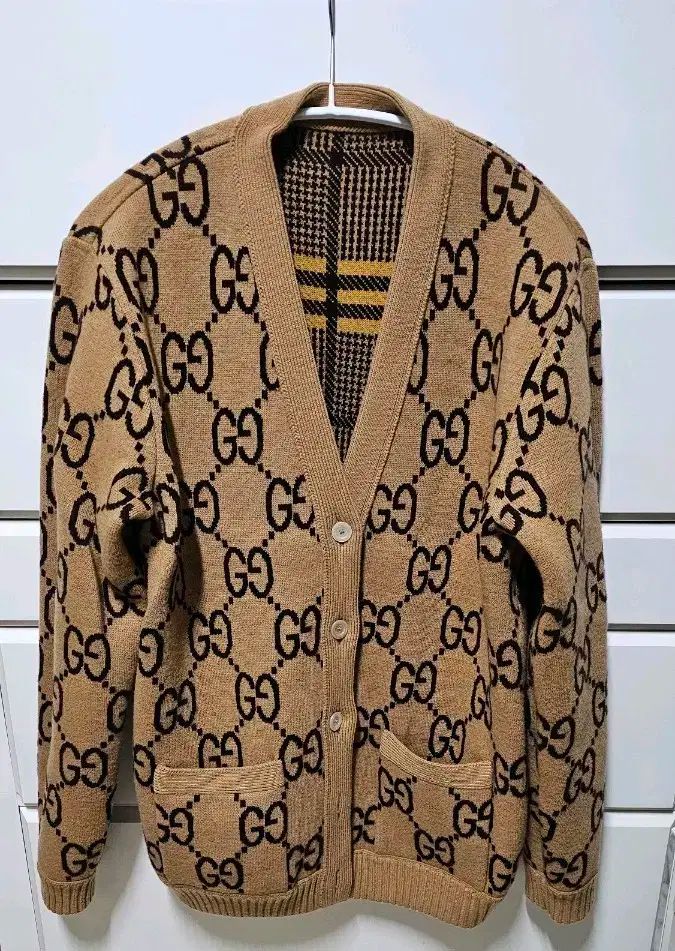 M GUCCI グッチ リバーシブル ジャカード ウール カーディガン キャメル