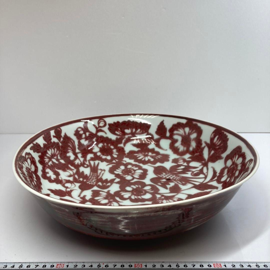 吉田隆　紬裏紅花鳥文大鉢　共箱　タカオ　直径39㎝　東ま5-1111③ 吉田隆 紬裏紅花鳥文大鉢 共箱 タカオ 直径39㎝ 東ま