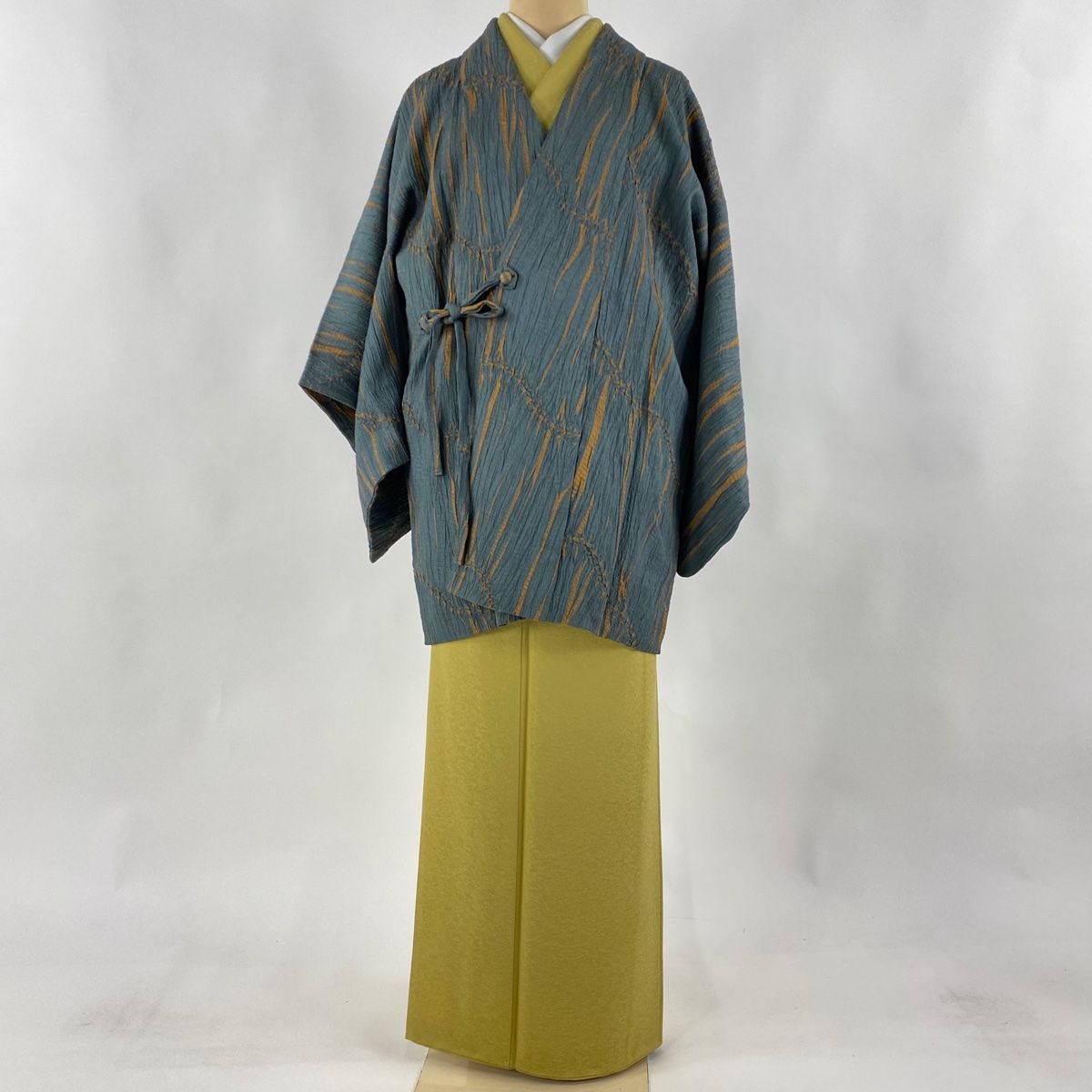 道中着 身丈80cm 裄丈62cm S 和装コート 藤娘 幾何学模様 絞り 灰緑  
