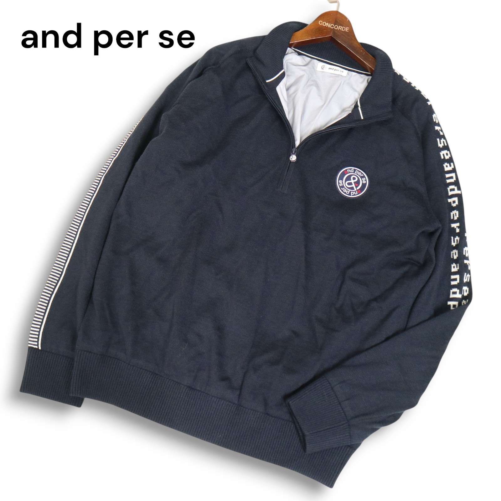 アンパスィ セーター ネイビー×白 Vネック ロゴワッペン ニット メンズ