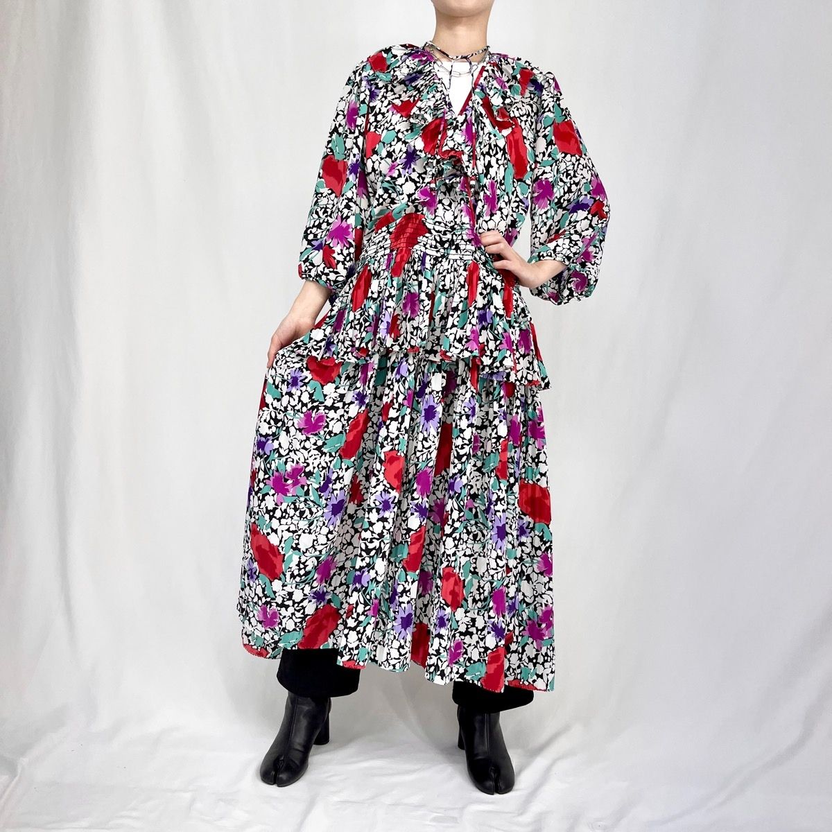 古着 80年代 スーザンフレイス Susan Freis 花柄 七分袖 フ ワンピース レディースS ヴィンテージ|evb002256