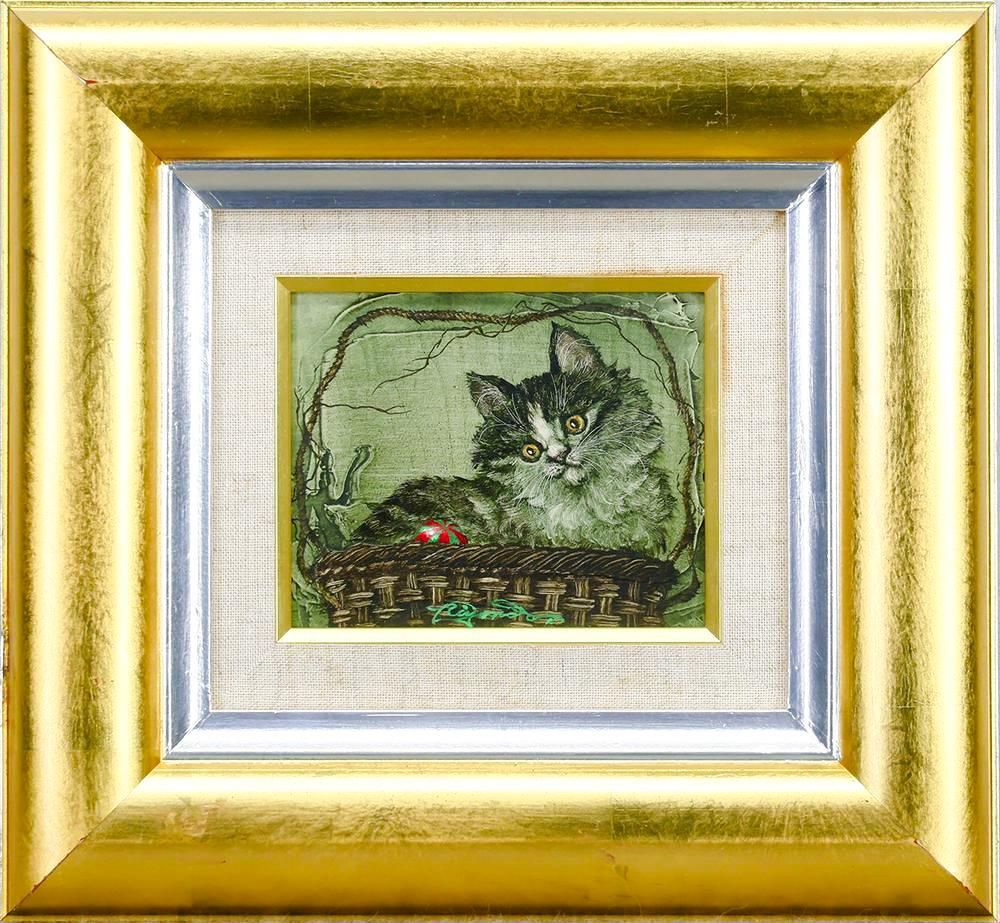 真作 WISH 小澤清人 毬とプチ シャ 板に油彩 柔らかな毛並み 愛らしい猫 〇現代童画会会長 25102009