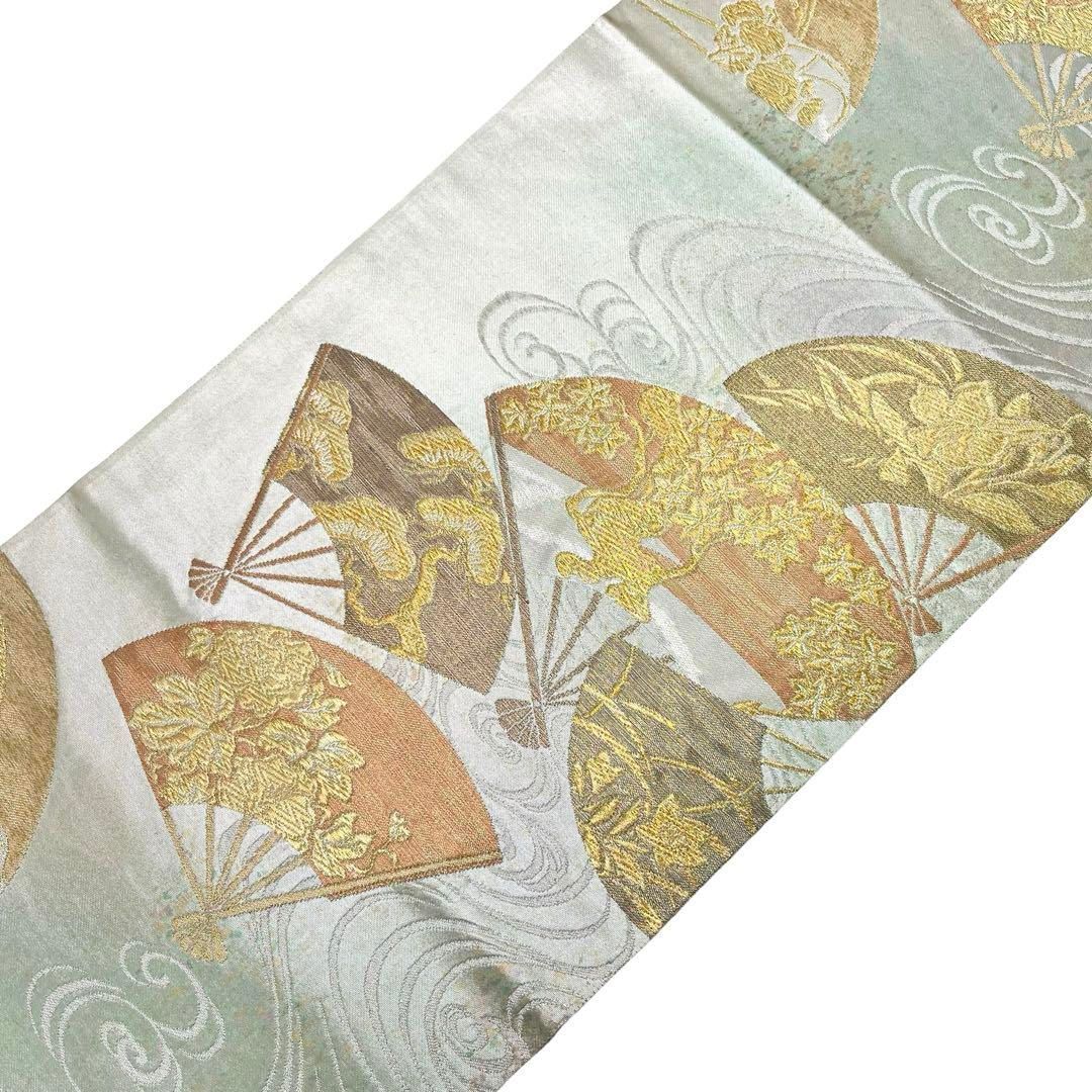 411my7◇風神雷神 引箔 琳派好み 流水 波紋 袋帯◇美品 京袋帯 WAKKA 風神 雷神 猫 グレー 水色 正絹 お太鼓 一重太鼓