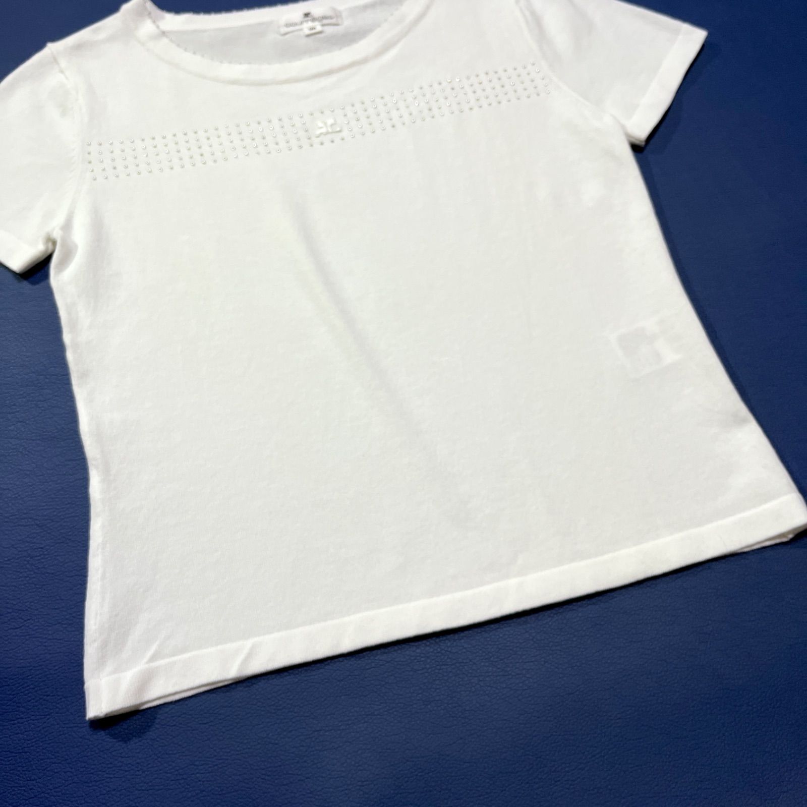 cg64 Courreges ビジュー ロゴ刺繍半袖セーター ニット ビーズ