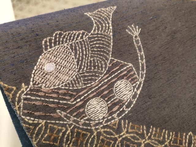 平和屋着物○六通柄袋帯 紬地 刺し子 貝桶 凧揚げ 鯛