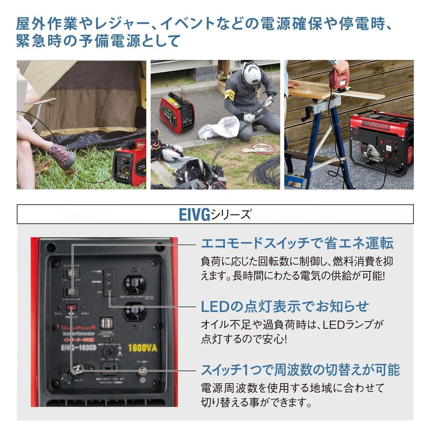 ガソリン発電 コンパクト エコモード搭載 非常用電源 PSE認証有 防災 ...