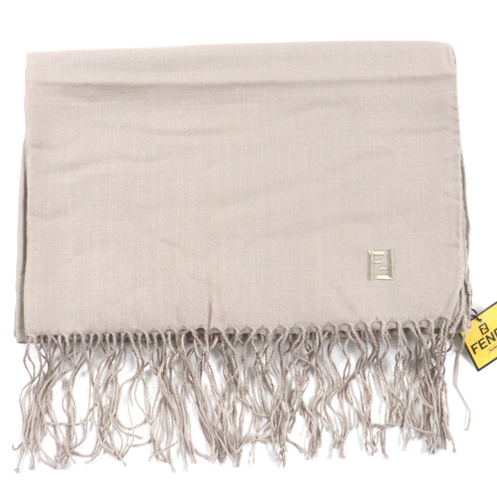 未使用品FENDI フェンディ FOULARDS ウール シルク FFロゴ刺繍 フリンジ マフラー ストール グレージュ イタリア製 メンズ