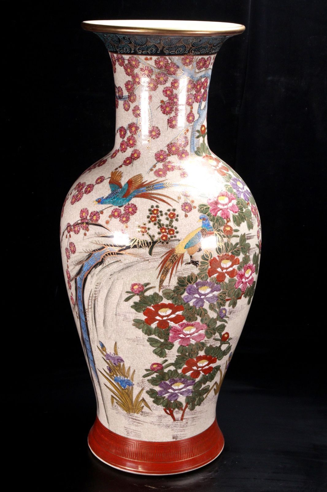 薩摩焼 水仙作 色絵金彩花鳥図大花瓶 65cm 唐物 骨董 古美術 楾 薩摩焼 水仙作 色絵金彩花鳥図大花瓶 65cm 唐物 骨董 古美術 楾