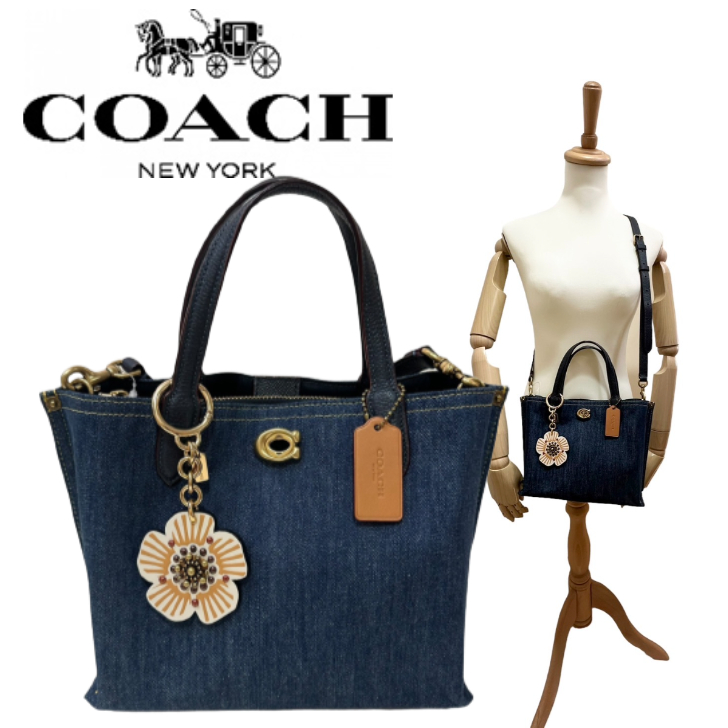 【中古美品】 COACH WILLOW コーチ ウィロートート フラワーチャーム付き デニム 2WAYショルダーバック ネイビー