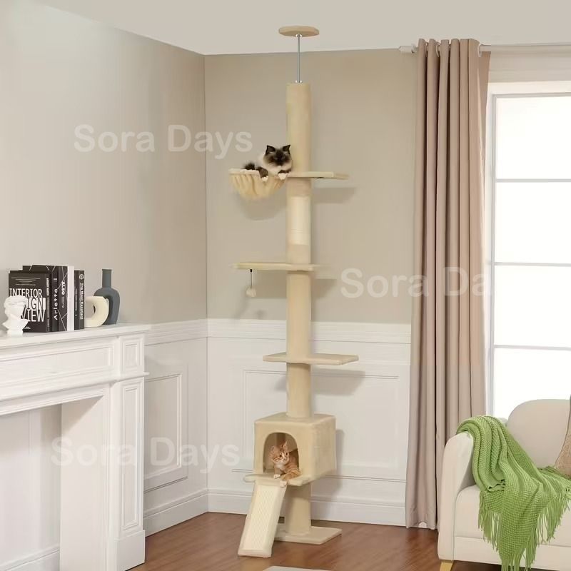 キャットタワー 猫タワー 大型猫用 突っ張り式 ハンモック付き シンプル おしゃれ 可愛い インテリア 北欧 多頭飼い 爪とぎ 運動不足解消 安定 調節 スリム 省スペース ベージュ グレー ピンク×ブルー グリーン×ブラウン 高さ210～274cm