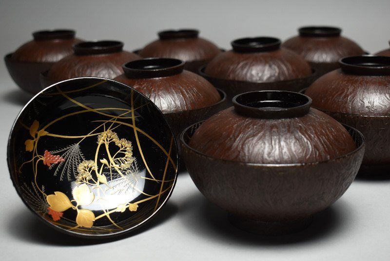 蔵A4649】木製 見返し七草金蒔絵 吸物椀 汁碗 十客 - メルカリ