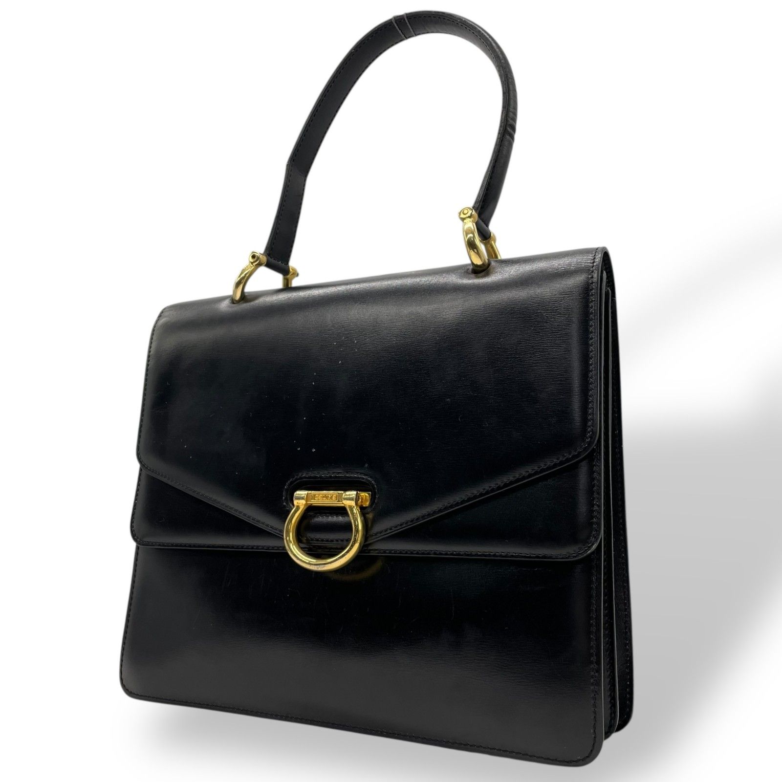 CELINE セリーヌ ロゴ型押し ハンドバッグ ブラック レザー