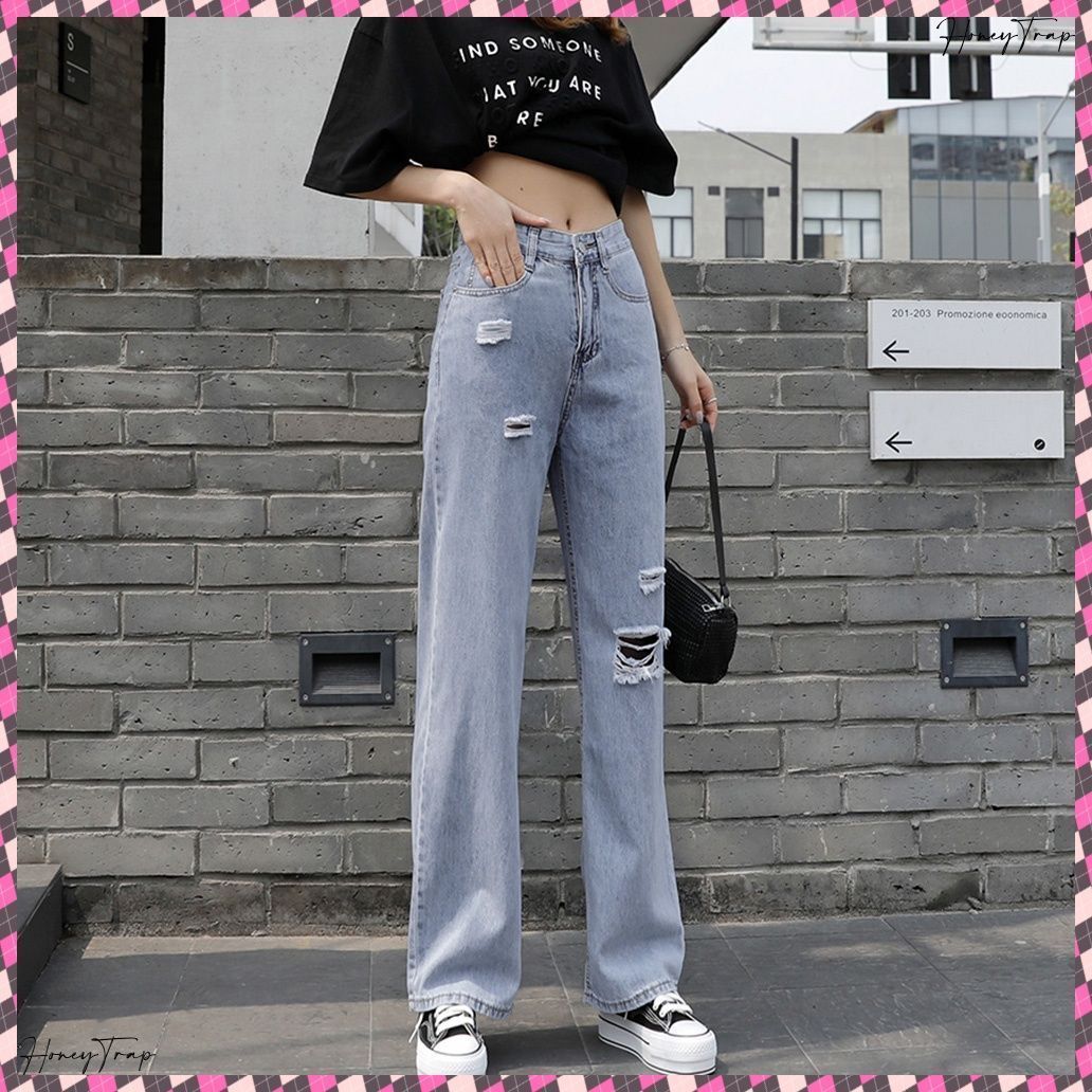 デニムパンツ ストレートパンツ 韓国風 レディース ダメージ加工 デニムワイドパンツ ハイウエスト ロングパンツ 着やせ ゆったり おしゃれ 20代 30代 ジーパン 脚長美脚 ボトムスオルチャン カジュアルジーンズ