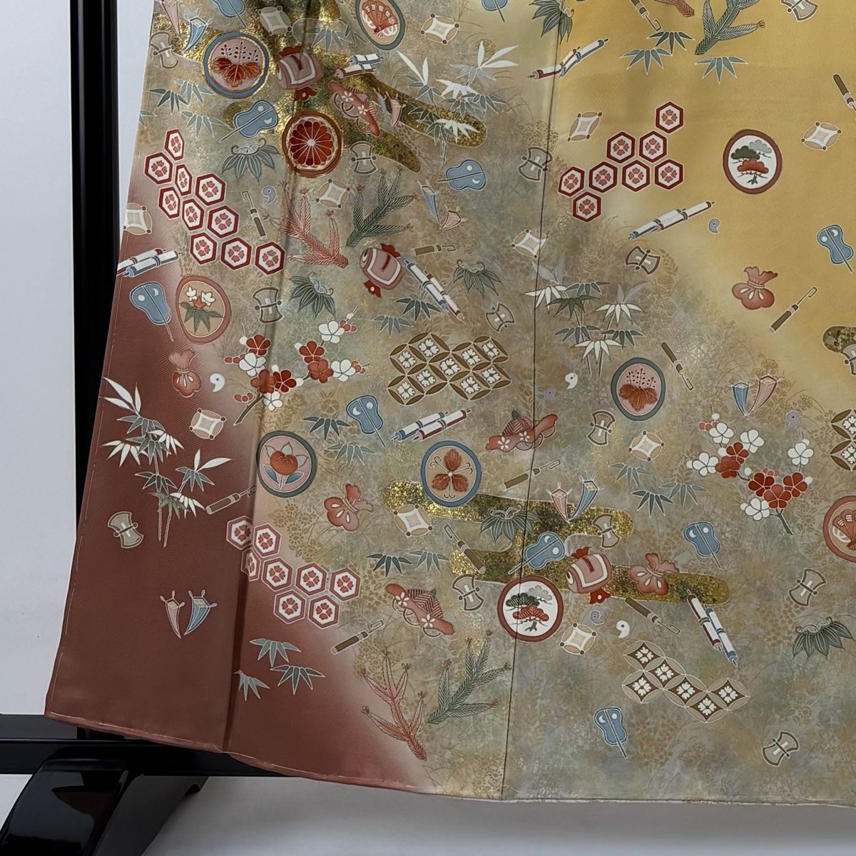 訪問着 身丈161cm 裄丈62.5cm S 袷 宝尽くし 松竹梅 金糸 金彩 山吹色 正絹 秀品