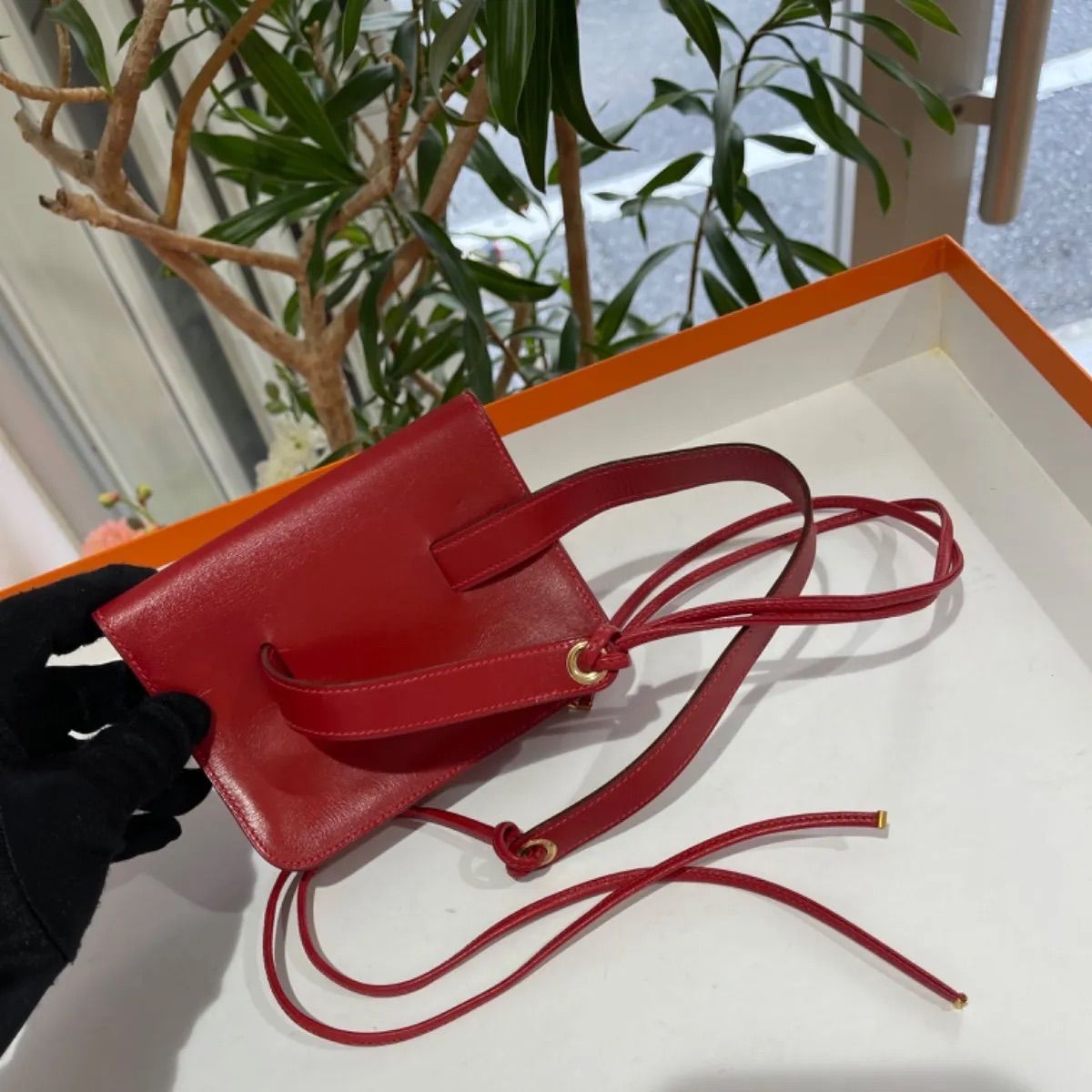 美品】HERMES エルメス ポシェットグリーン ボックスカーフ ルージュ 