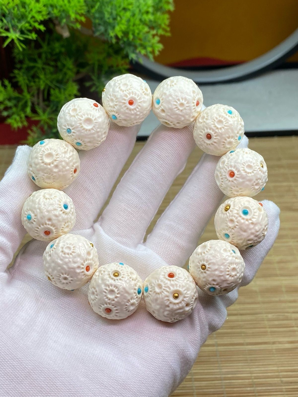 天然マンモス牙美しい手作り彫刻 隕石 ブレスレット