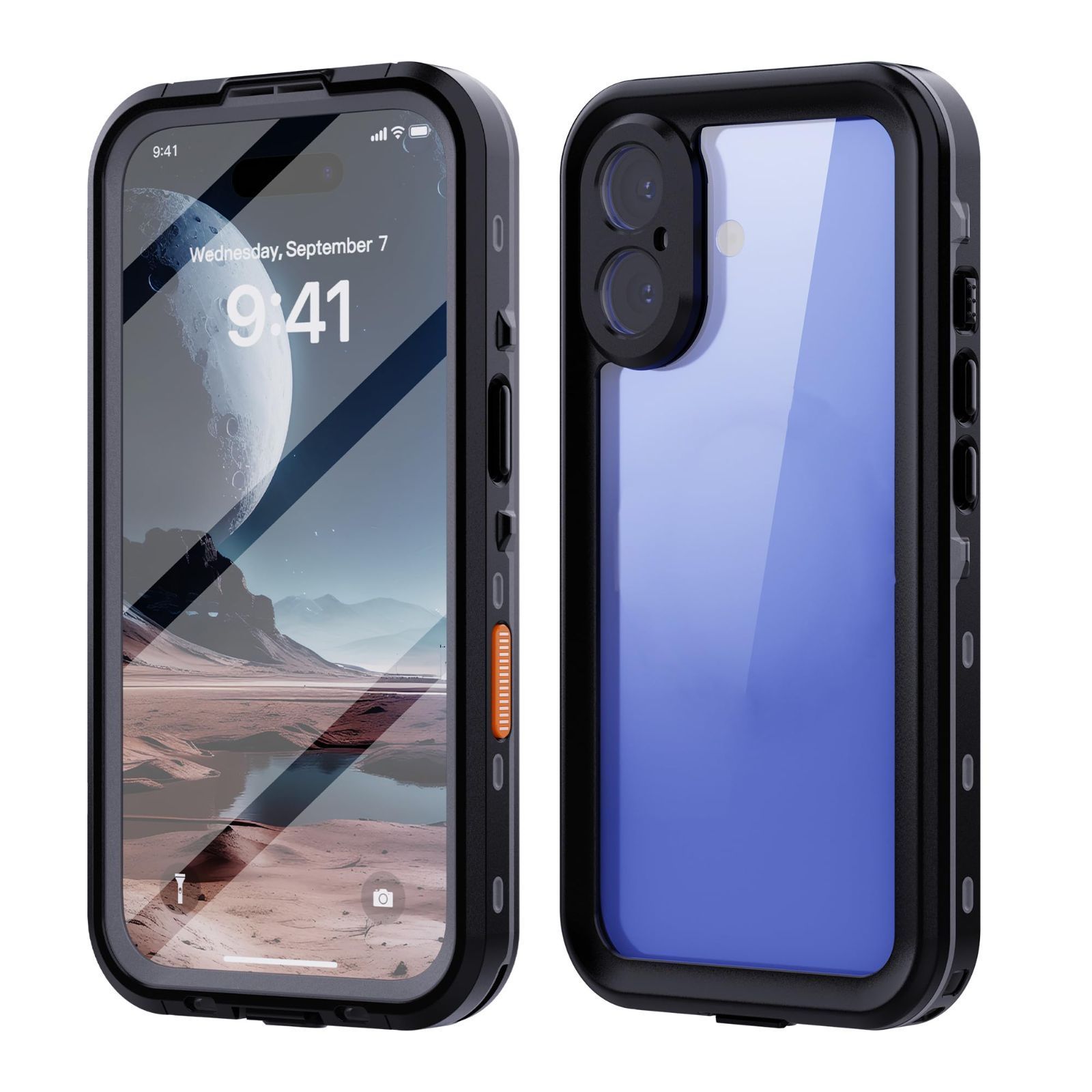 米軍MIL規格取得 ストラップ付き カバー アイフォン16 iPhone16 iPhone16 防水ケース 防水ケース クリア 透明 スマホケース ワイヤレス充電対応 防雪 お風呂 防塵 頑丈 耐衝撃 海ブラック 両面ケース 6.1インチクリア