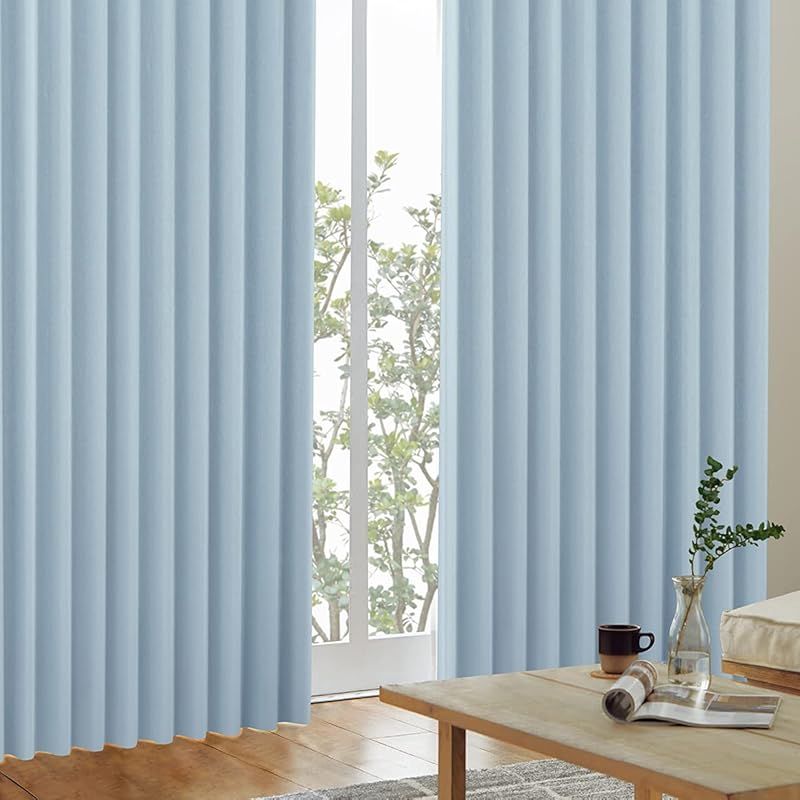 カーテンくれない 1級 遮光カーテン K-wave-D-plain 防炎 ラベル付 40色×140サイズ 2枚組 節電対策に 保温 保冷 断熱 遮熱 スカイブルー 幅100×丈185cm