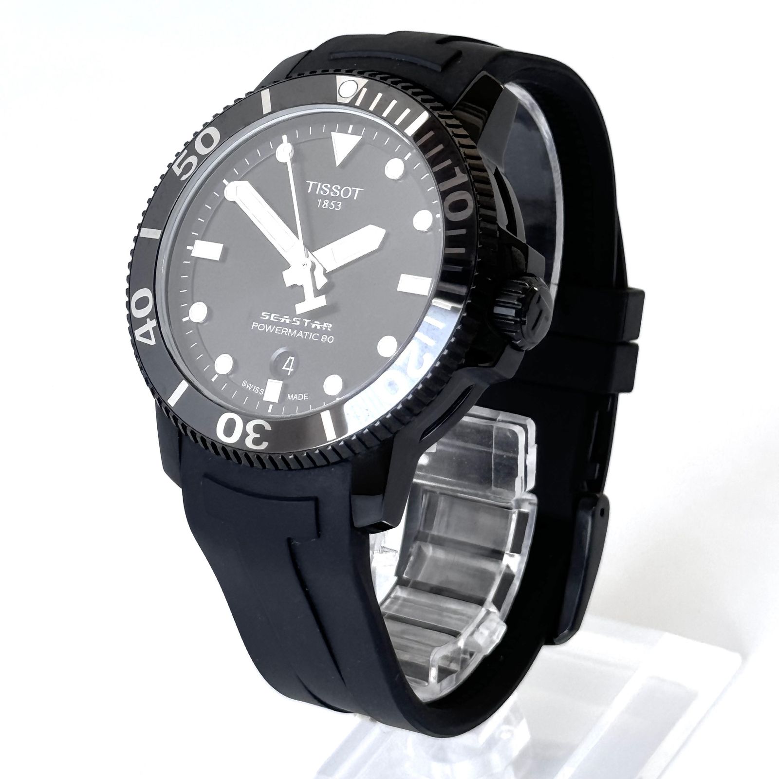 【極美品】ティソ シースター T120407A　黒文字盤　ラバーベルト 美品】ティソ シースター1000 パワーマチック80 T120407A 自動巻