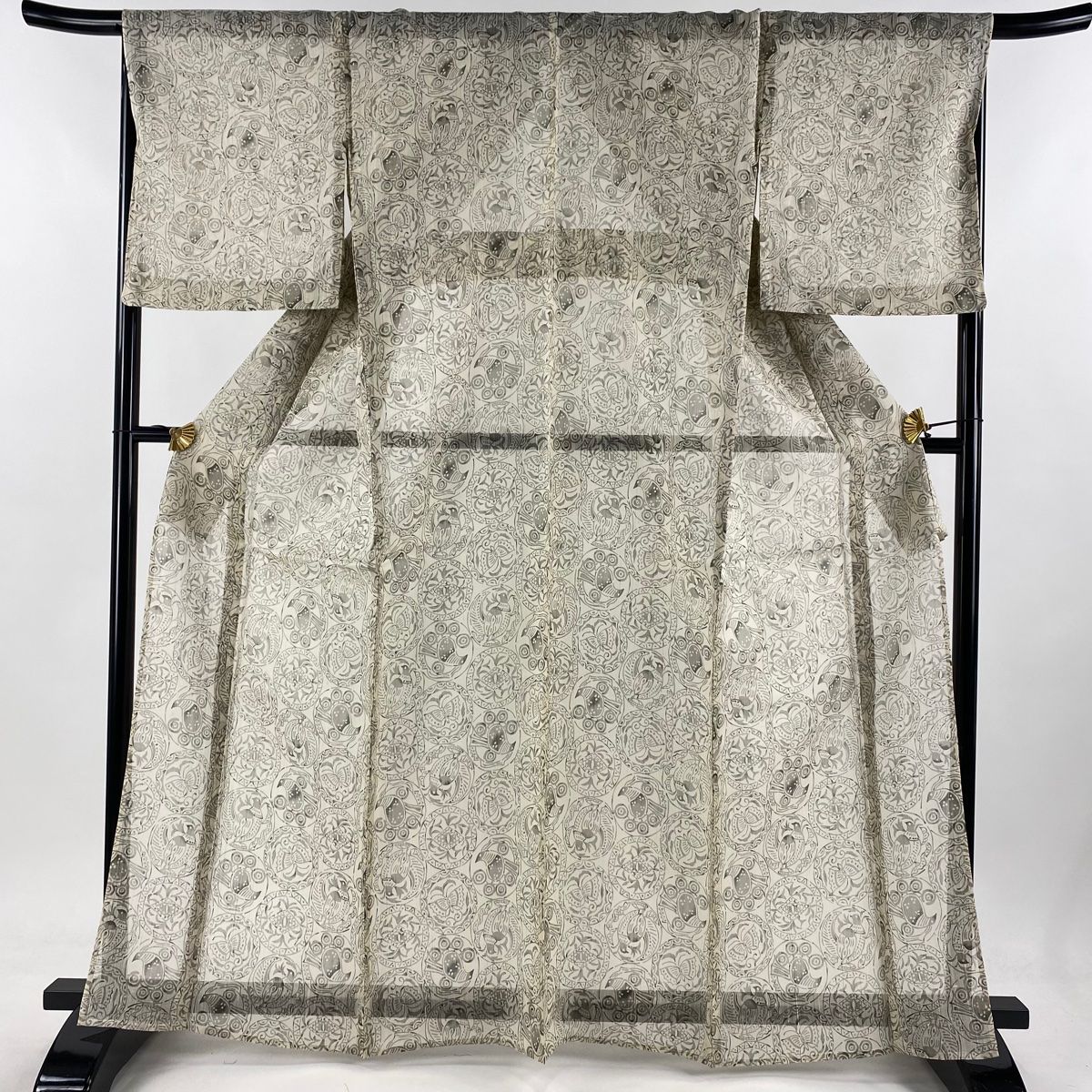 小紋 身丈165.5cm 裄丈68cm L 薄物 絹芭蕉布 鳥 蝶 薄茶色 正絹