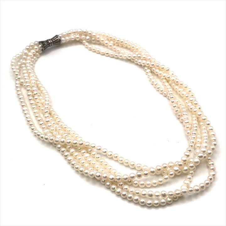 未使用 淡水パール 5連 ネックレス SV925 ベビーパール 3mm 照り良好 