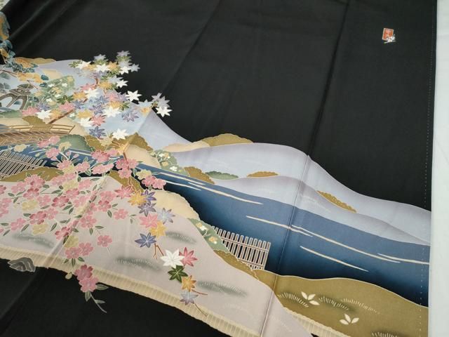 平和屋着物○訪問着 友禅 作家物 風景渡り橋草花文 正絹 逸品