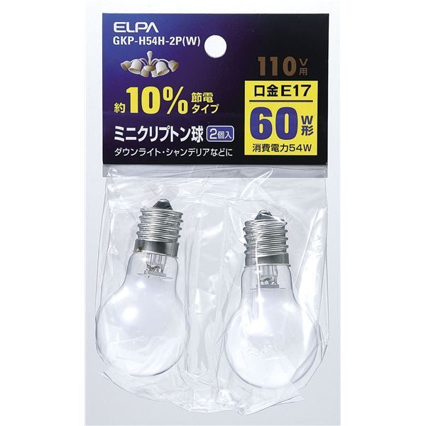 （まとめ） ELPA ミニクリプトン球 電球 60W形 E17 ホワイト 2個入
