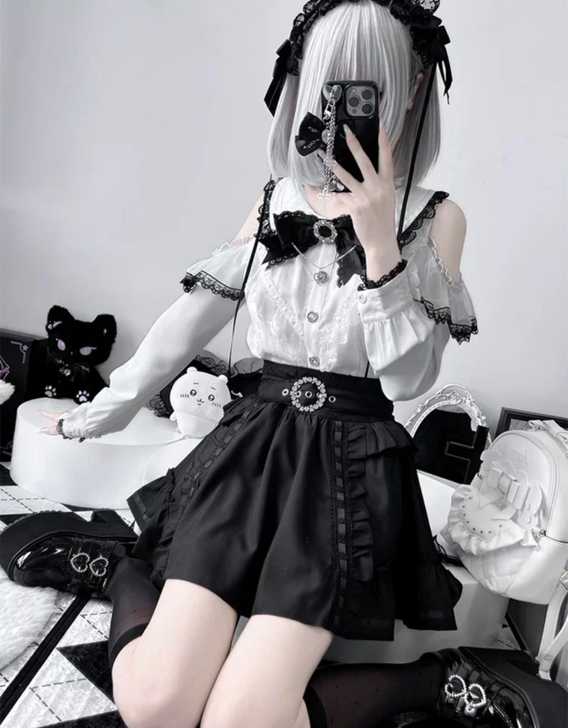 モノクロ ロリータ ブラウス オフショルダー おしゃれ ファッション 天使界隈 フリル 長袖 サブカル 服 ロリィタ 安い