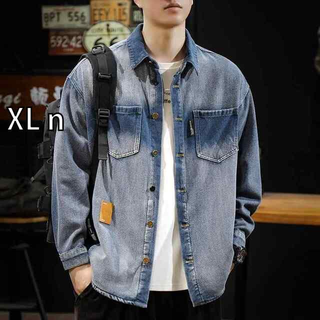 XL n 秋冬 コーデ メンズ 服 シンプル ファッション オシャレ 大人 かっこいい 大きいサイズ ストリート 紳士服 アメリカン ヘビー デニムシャツ グラデーション ウォッシュ加工 長袖 ワークシャツ ジャケット