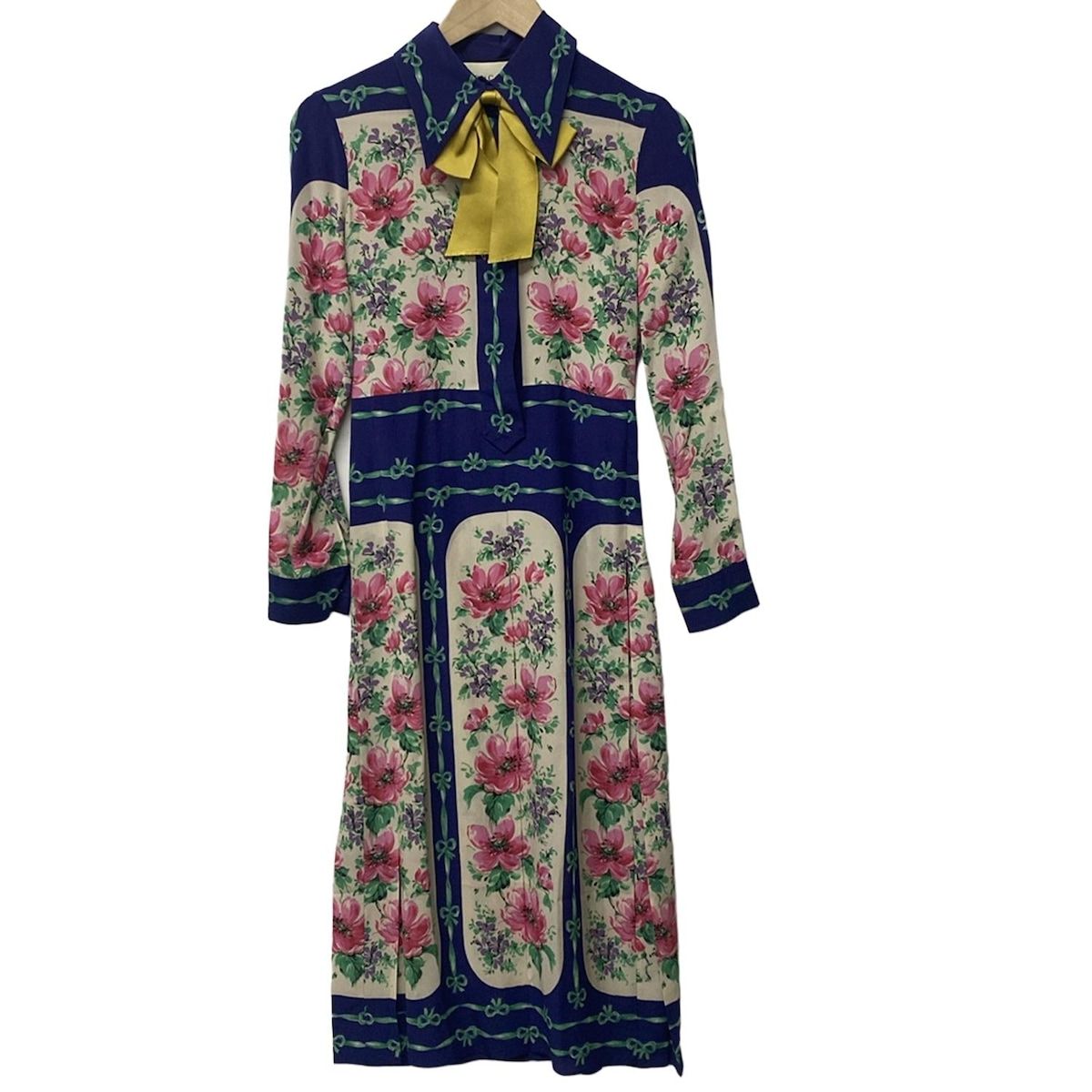 GUCCI グッチ ワンピース サイズ38 S レディース - 477566 ネイビー×イエロー×マルチ レギュラー |長袖|ロング|シルク|花柄