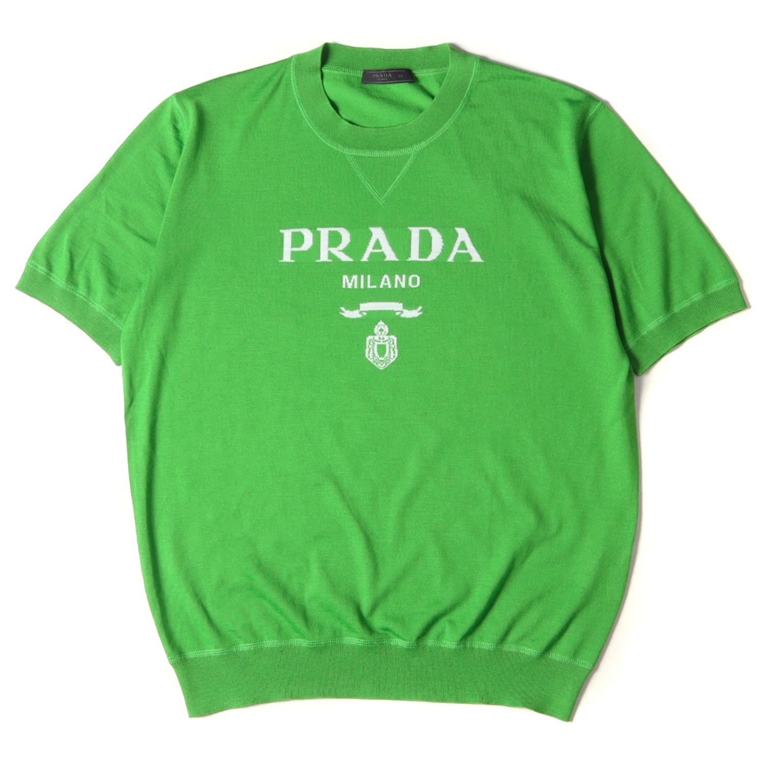 美品 PRADA プラダ ニット サイズ:50 ロゴ デザイン ウール 半袖 ニット UMB272 S212 2021年製 トップス Tシャツ  セーター クルーネック グリーン イタリア製 ブラン