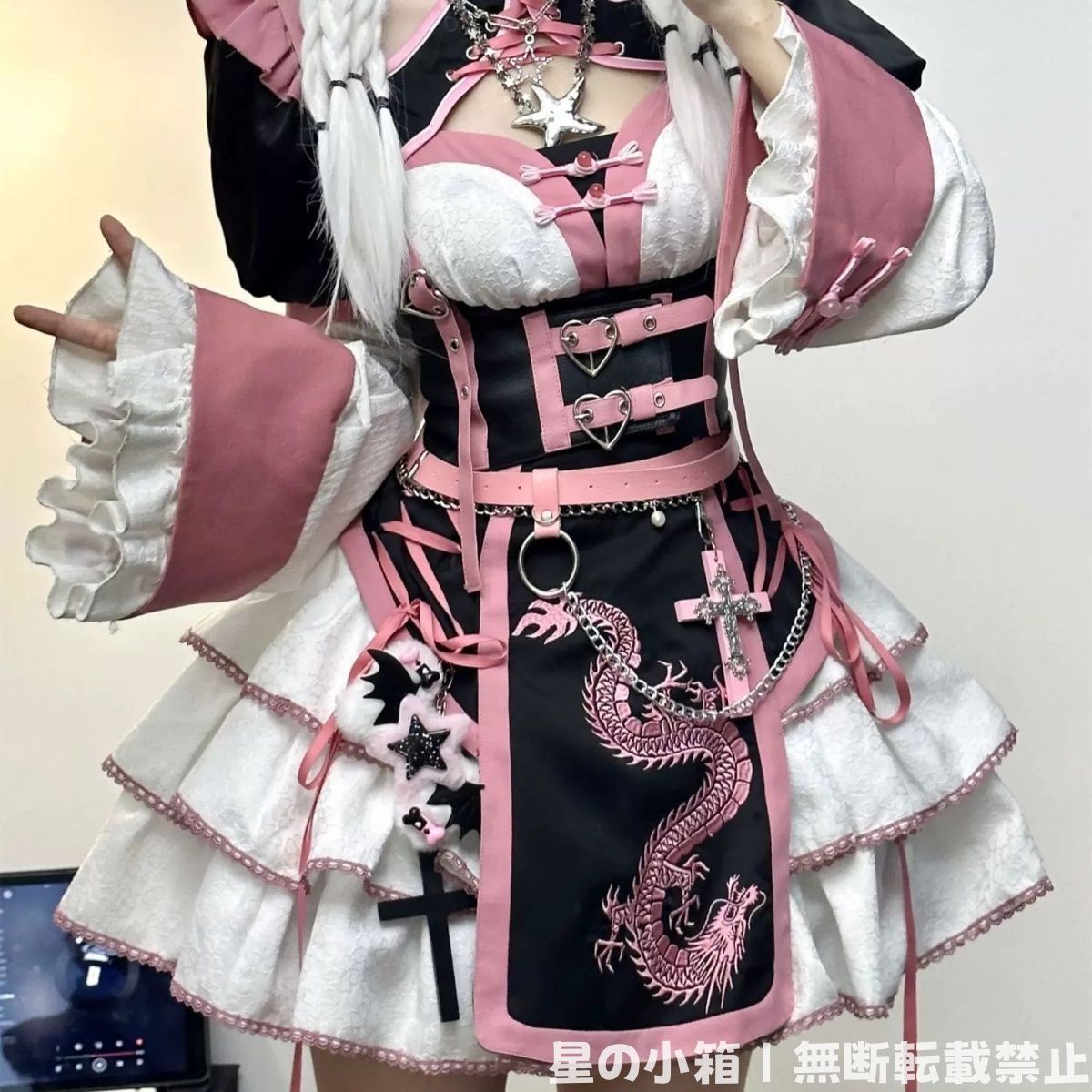 新品未使用 中華風 Lolita連衣裙 旗袍改良 スイート＆スパイシー 中華娘風 豪華刺繍入り ドラゴンモチーフ 甘辛デザイン 長袖ワンピース ピンク×ブラック 可愛い スカート付き コスプレ衣装 
