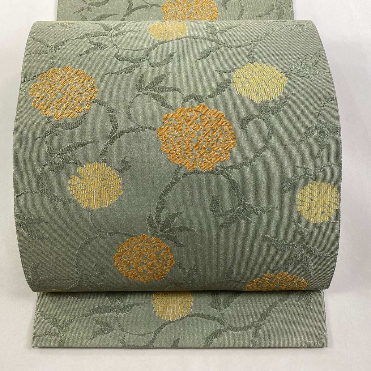 名古屋帯 秀品 八寸名古屋 花唐草 金糸 灰緑 正絹