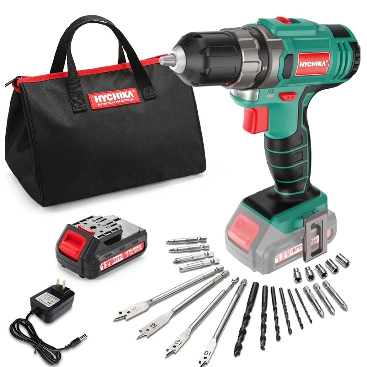 新品　未使用　そのほかも色々激安にて、出品してます！！電動ドリルドライバー HYCHIKA（ハイチカ）12V電動ドリル トルク調整 21+1階段最大30N・m 特製収納袋付き 豊かな付属品 １台2役 穴開け ネジ締め/緩め 二段変速 無段変速 コードレス 1時間急速充電器 1.5Ah充電池 正逆転切替 木工穴あけ 金属用ドリル DIY家具組み立て工具セット 日本語取扱説明書#10006 電動ドリルドライバー HYCHIKA（ハイチカ）12V電動ドリル トルク調整
