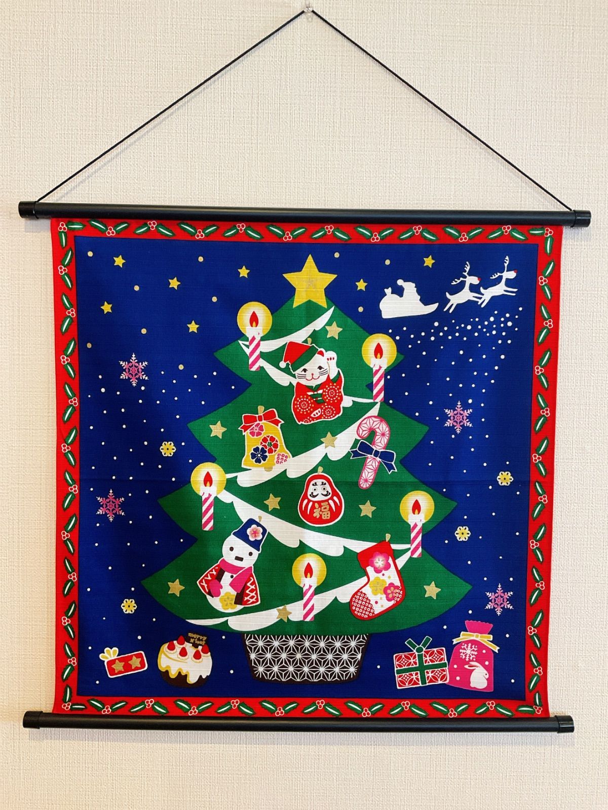 四季彩布タペストリー【クリスマスツリー】軸付きタペストリー 12月