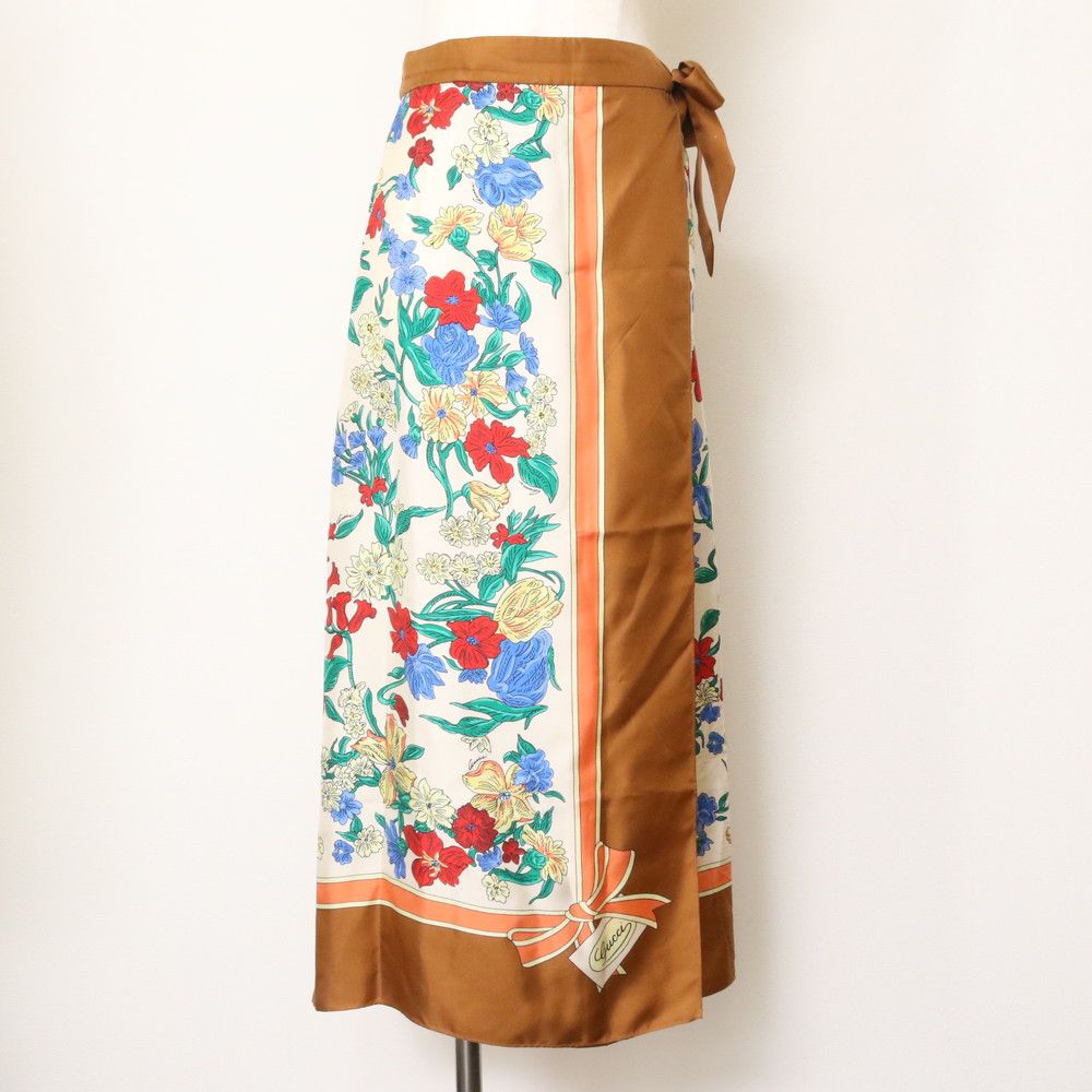 美品 グッチ フローラル プリント シルク ラップ スカート 42 巻き