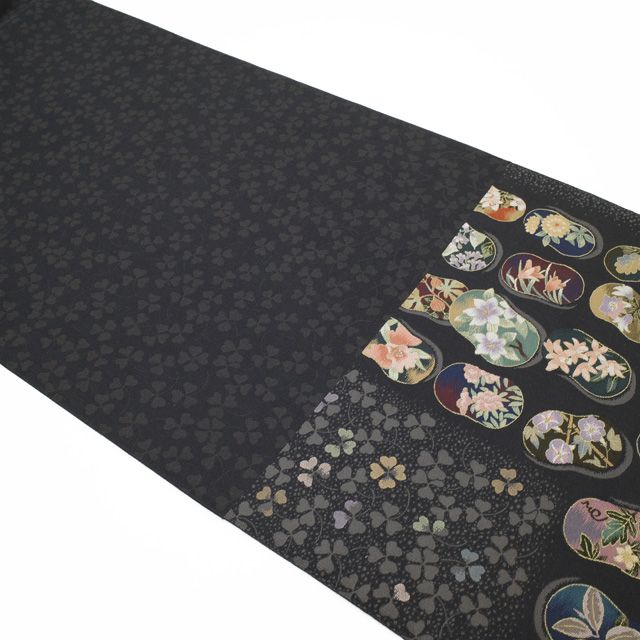 中古】袋帯 京都 西陣 となみ織物 となみ帯 正絹 紹巴 黄櫨染 濃グレー