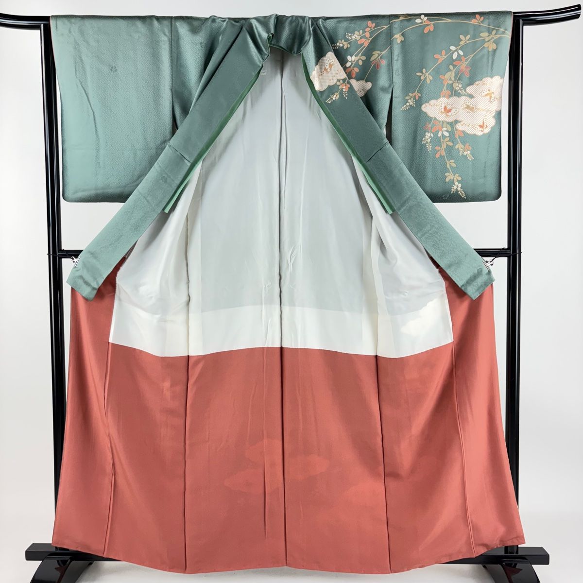 訪問着 身丈159cm 裄丈62.5cm S 袷 吾妻徳穂 落款あり 扇 草花 金彩 ぼかし よもぎ色 正絹 美品 逸品 中古